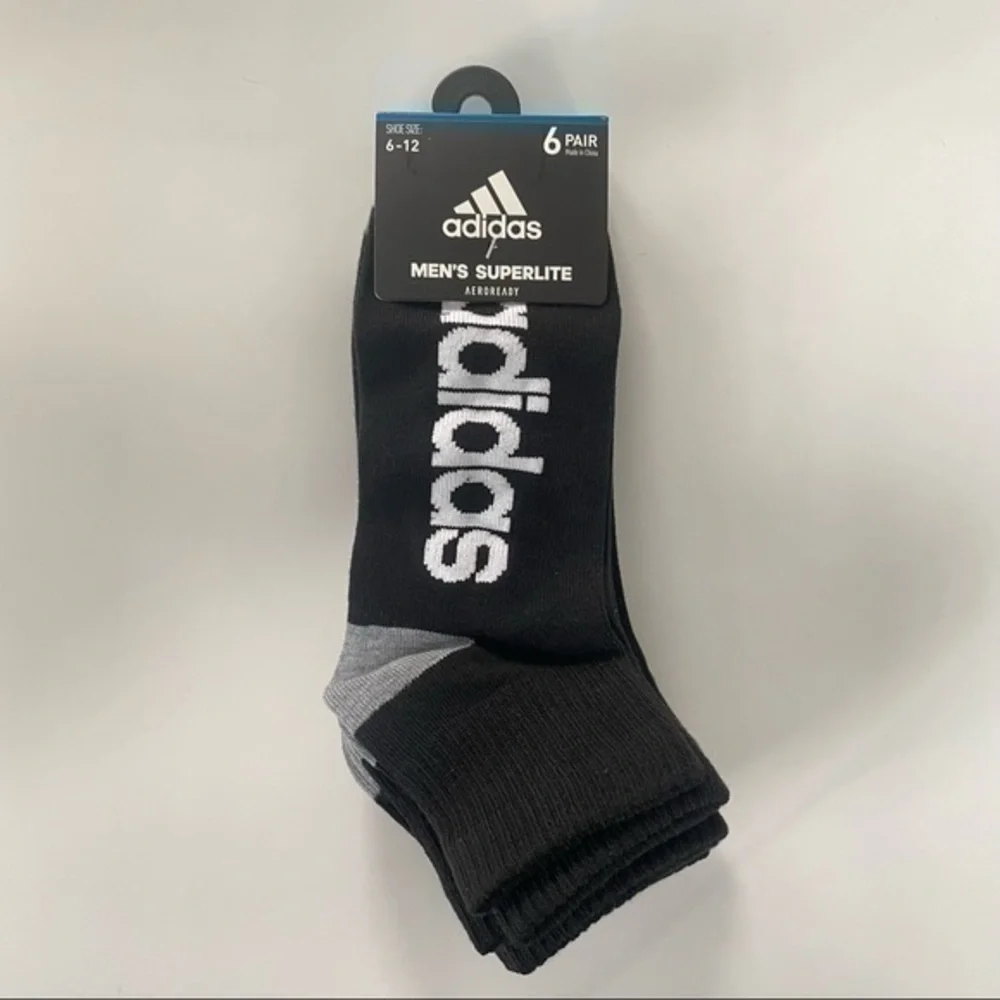 Adidas men’s quarter socks 6 pair size 6-12 black white gray